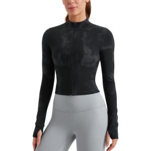 imageCRZ YOGA Womens Butterluxe Full Zip Cropped Workout Jacket Slim Fit Lightweight Athletic Yoga Tops with Thumb HolesBlack Tie Dye Flowers