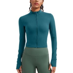 imageCRZ YOGA Womens Butterluxe Full Zip Cropped Workout Jacket Slim Fit Lightweight Athletic Yoga Tops with Thumb HolesBorealis Green