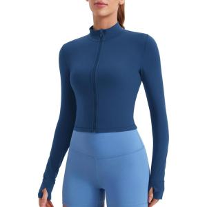 imageCRZ YOGA Womens Butterluxe Full Zip Cropped Workout Jacket Slim Fit Lightweight Athletic Yoga Tops with Thumb HolesFrench Navy