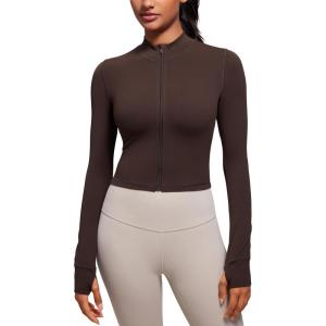 imageCRZ YOGA Womens Butterluxe Full Zip Cropped Workout Jacket Slim Fit Lightweight Athletic Yoga Tops with Thumb HolesHot Fudge Brown