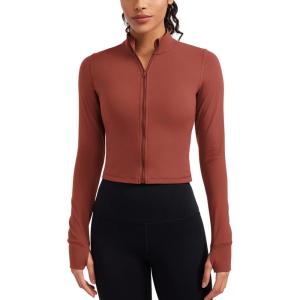 imageCRZ YOGA Womens Butterluxe Full Zip Cropped Workout Jacket Slim Fit Lightweight Athletic Yoga Tops with Thumb HolesJujube Brown