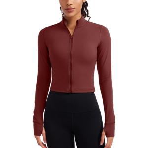 imageCRZ YOGA Womens Butterluxe Full Zip Cropped Workout Jacket Slim Fit Lightweight Athletic Yoga Tops with Thumb HolesNoctilucence Red