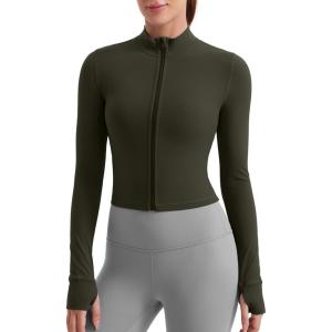imageCRZ YOGA Womens Butterluxe Full Zip Cropped Workout Jacket Slim Fit Lightweight Athletic Yoga Tops with Thumb HolesOlive Green