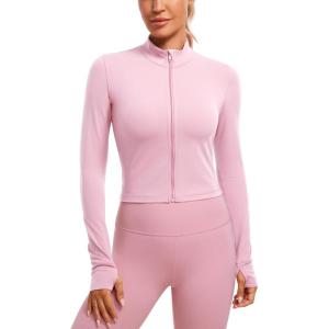 imageCRZ YOGA Womens Butterluxe Full Zip Cropped Workout Jacket Slim Fit Lightweight Athletic Yoga Tops with Thumb HolesPink Peony
