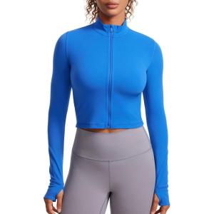 imageCRZ YOGA Womens Butterluxe Full Zip Cropped Workout Jacket Slim Fit Lightweight Athletic Yoga Tops with Thumb HolesSparkle Blue