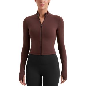 imageCRZ YOGA Womens Butterluxe Full Zip Cropped Workout Jacket Slim Fit Lightweight Athletic Yoga Tops with Thumb HolesTaupe