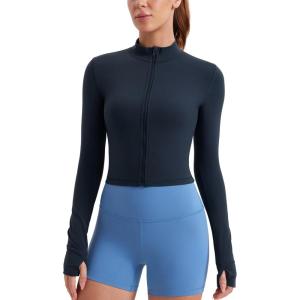 imageCRZ YOGA Womens Butterluxe Full Zip Cropped Workout Jacket Slim Fit Lightweight Athletic Yoga Tops with Thumb HolesTwilight Blue