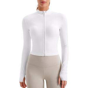 imageCRZ YOGA Womens Butterluxe Full Zip Cropped Workout Jacket Slim Fit Lightweight Athletic Yoga Tops with Thumb HolesWhite