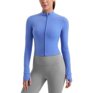imageCRZ YOGA Womens Butterluxe Full Zip Cropped Workout Jacket Slim Fit Lightweight Athletic Yoga Tops with Thumb HolesWild Indigo