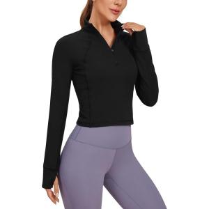 imageCRZ YOGA Womens Butterluxe Long Sleeve Workout Shirts Half Quarter Zip Athletic Tops Crop Collared TShirtBlack