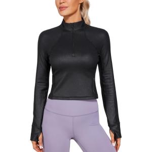 imageCRZ YOGA Womens Butterluxe Long Sleeve Workout Shirts Half Quarter Zip Athletic Tops Crop Collared TShirtBlack Classic