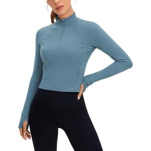 imageCRZ YOGA Womens Butterluxe Long Sleeve Workout Shirts Half Quarter Zip Athletic Tops Crop Collared TShirtBlue Ashes