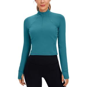 imageCRZ YOGA Womens Butterluxe Long Sleeve Workout Shirts Half Quarter Zip Athletic Tops Crop Collared TShirtBorealis Green