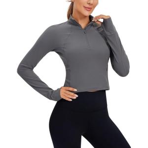 imageCRZ YOGA Womens Butterluxe Long Sleeve Workout Shirts Half Quarter Zip Athletic Tops Crop Collared TShirtDark Carbon
