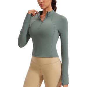 imageCRZ YOGA Womens Butterluxe Long Sleeve Workout Shirts Half Quarter Zip Athletic Tops Crop Collared TShirtGrey Sage