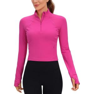 imageCRZ YOGA Womens Butterluxe Long Sleeve Workout Shirts Half Quarter Zip Athletic Tops Crop Collared TShirtHibiscus Purple