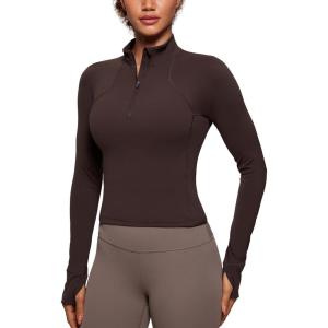 imageCRZ YOGA Womens Butterluxe Long Sleeve Workout Shirts Half Quarter Zip Athletic Tops Crop Collared TShirtHot Fudge Brown