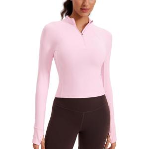 imageCRZ YOGA Womens Butterluxe Long Sleeve Workout Shirts Half Quarter Zip Athletic Tops Crop Collared TShirtPink Peony