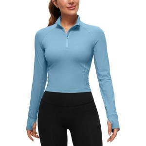 imageCRZ YOGA Womens Butterluxe Long Sleeve Workout Shirts Half Quarter Zip Athletic Tops Crop Collared TShirtPure Blue