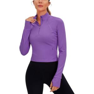 imageCRZ YOGA Womens Butterluxe Long Sleeve Workout Shirts Half Quarter Zip Athletic Tops Crop Collared TShirtRoyal Lilac