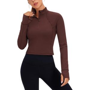 imageCRZ YOGA Womens Butterluxe Long Sleeve Workout Shirts Half Quarter Zip Athletic Tops Crop Collared TShirtTaupe