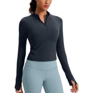 imageCRZ YOGA Womens Butterluxe Long Sleeve Workout Shirts Half Quarter Zip Athletic Tops Crop Collared TShirtTrue Navy