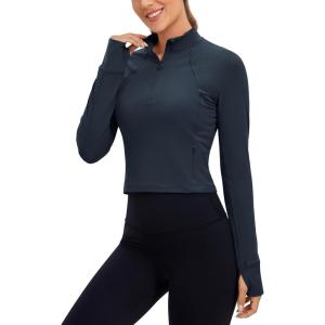imageCRZ YOGA Womens Butterluxe Long Sleeve Workout Shirts Half Quarter Zip Athletic Tops Crop Collared TShirtTwilight Blue