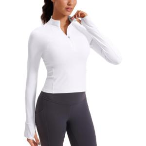 imageCRZ YOGA Womens Butterluxe Long Sleeve Workout Shirts Half Quarter Zip Athletic Tops Crop Collared TShirtWhite