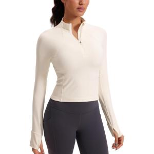 imageCRZ YOGA Womens Butterluxe Long Sleeve Workout Shirts Half Quarter Zip Athletic Tops Crop Collared TShirtWhite Apricot