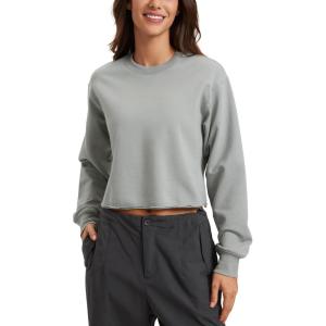 imageCRZ YOGA Womens Fleece Cropped Sweatshirts Crewneck Long Sleeve Double Raw Hem Workout Casual Pullover TopsSterling