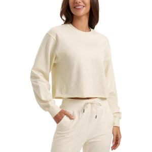 imageCRZ YOGA Womens Fleece Cropped Sweatshirts Crewneck Long Sleeve Double Raw Hem Workout Casual Pullover TopsWhite Apricot