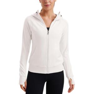 imageCRZ YOGA Womens Fleece Full Zip Hoodie Jackets Workout Hooded Zipper Basic Casual Sweatshirts with Thumb HolesMilky White Bone
