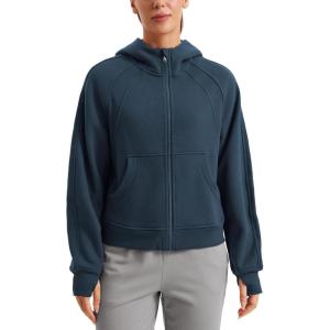 imageCRZ YOGA Womens Fleece Lined Full Zip Hoodies Oversized Long Sleeve Casual Workout Hooded Sweatshirt with Thumb HolesInk Blue