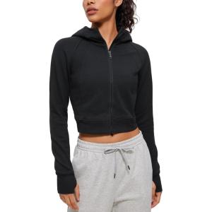 imageCRZ YOGA Womens Fleece Zip Up Cropped Hoodie Workout Jacket Athletic Casual Long Sleeve Sweatshirts with Thumb HolesBlack