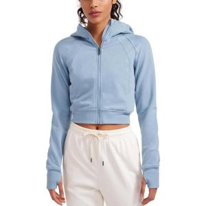 imageCRZ YOGA Womens Fleece Zip Up Cropped Hoodie Workout Jacket Athletic Casual Long Sleeve Sweatshirts with Thumb HolesCambric Blue