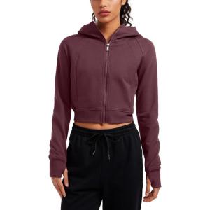 imageCRZ YOGA Womens Fleece Zip Up Cropped Hoodie Workout Jacket Athletic Casual Long Sleeve Sweatshirts with Thumb HolesDark Red