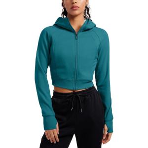 imageCRZ YOGA Womens Fleece Zip Up Cropped Hoodie Workout Jacket Athletic Casual Long Sleeve Sweatshirts with Thumb HolesGreen Jade