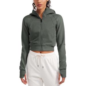 imageCRZ YOGA Womens Fleece Zip Up Cropped Hoodie Workout Jacket Athletic Casual Long Sleeve Sweatshirts with Thumb HolesGrey Sage