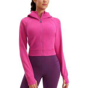 imageCRZ YOGA Womens Fleece Zip Up Cropped Hoodie Workout Jacket Athletic Casual Long Sleeve Sweatshirts with Thumb HolesHibiscus Purple