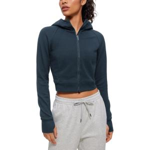 imageCRZ YOGA Womens Fleece Zip Up Cropped Hoodie Workout Jacket Athletic Casual Long Sleeve Sweatshirts with Thumb HolesInk Blue