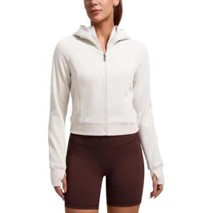 imageCRZ YOGA Womens Fleece Zip Up Cropped Hoodie Workout Jacket Athletic Casual Long Sleeve Sweatshirts with Thumb HolesMilky White Bone