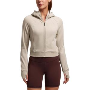 imageCRZ YOGA Womens Fleece Zip Up Cropped Hoodie Workout Jacket Athletic Casual Long Sleeve Sweatshirts with Thumb HolesMojave Tan