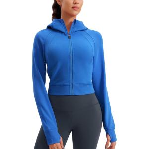 imageCRZ YOGA Womens Fleece Zip Up Cropped Hoodie Workout Jacket Athletic Casual Long Sleeve Sweatshirts with Thumb HolesSparkle Blue
