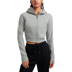 imageCRZ YOGA Womens Fleece Zip Up Cropped Hoodie Workout Jacket Athletic Casual Long Sleeve Sweatshirts with Thumb HolesSterling