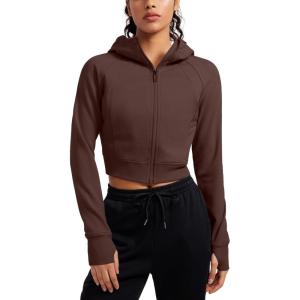 imageCRZ YOGA Womens Fleece Zip Up Cropped Hoodie Workout Jacket Athletic Casual Long Sleeve Sweatshirts with Thumb HolesTaupe