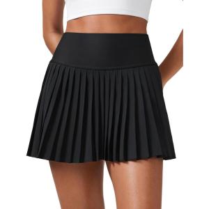 imageCRZ YOGA Womens High Waisted Pleated Tennis Skirts with Pockets Tummy Control Casual Liner A Line Workout Golf SkortsBlack