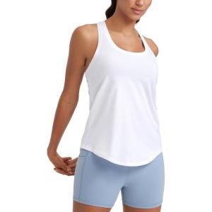imageCRZ YOGA Womens Pima Cotton Racerback Workout Tank Tops Scoop Neck Athletic Loose Sleeveless ShirtsWhite