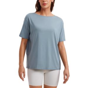 imageCRZ YOGA Womens Pima Cotton Short Sleeve Shirts Boat Neck Loose Fit Gym Workout TShirt Athletic Casual TopsBelgian Blue