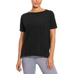 imageCRZ YOGA Womens Pima Cotton Short Sleeve Shirts Boat Neck Loose Fit Gym Workout TShirt Athletic Casual TopsBlack