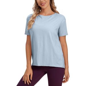 imageCRZ YOGA Womens Pima Cotton Short Sleeve Shirts Boat Neck Loose Fit Gym Workout TShirt Athletic Casual TopsBlue Linen